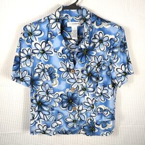Sag Harbor 12P Blue Floral Linen Rayon Button Shirt Top Women Vintage Y2K